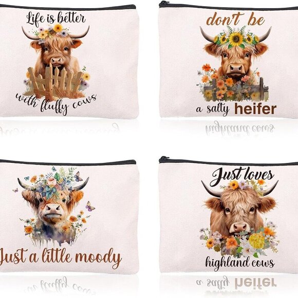 Highland Cow Print Makeup Bag 4PCS Cute Highland Cow Makeup Bags Party Supplies - Picture 1 of 6